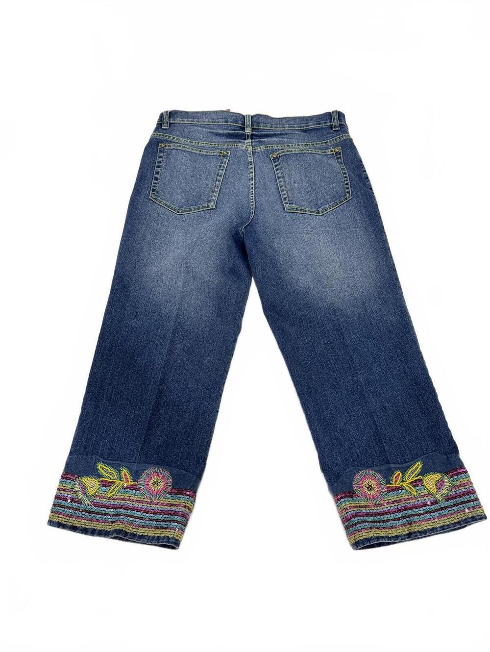 V. Cristina Embroidered Floral Cropped Jeans Size 8 Boho Y2K Capri Denim - Picture 2 of 9